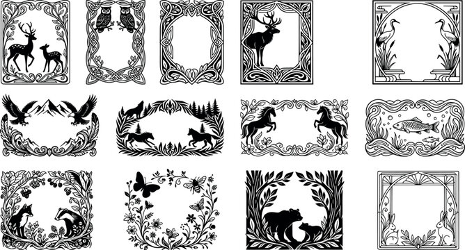 Set of artistic nature themed frames with animals and forest elements transparent background