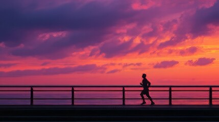 Fototapeta premium Runner on the bridge silhouette at sunset. 