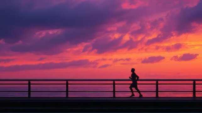 Runner on the bridge silhouette at sunset. 