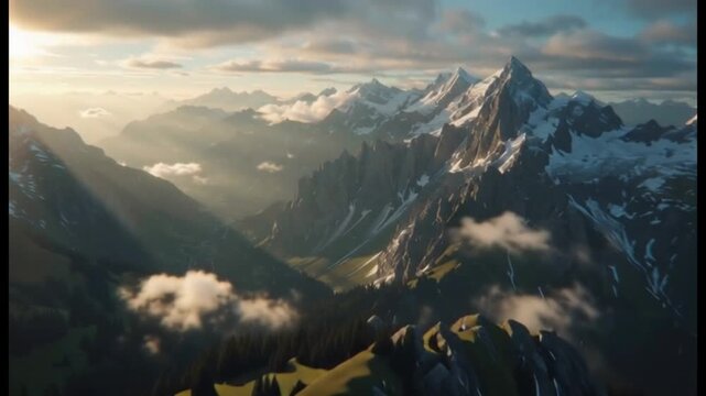 Majestic Mountain Range at Sunrise with Sunbeams and Clouds