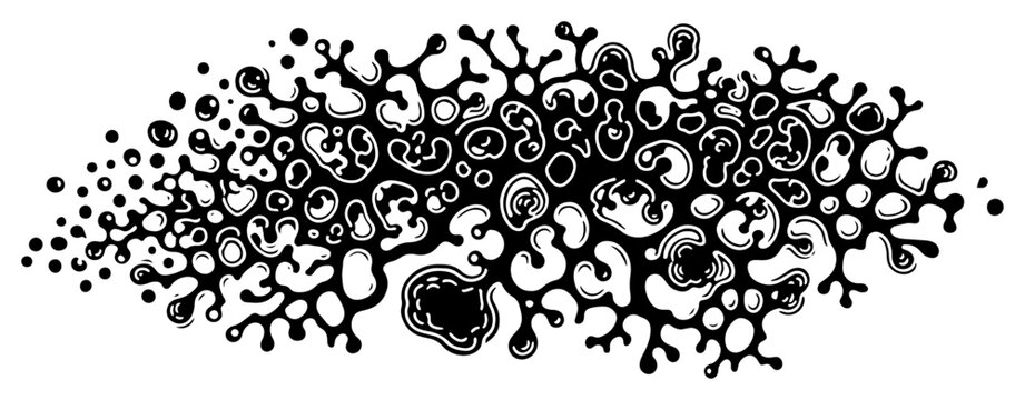 Abstract organic fluid pattern with liquid blobs and biological cell shapes in black ink style