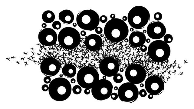 Abstract crowd of tiny people running through large circular cell or eye shapes surveillance concept