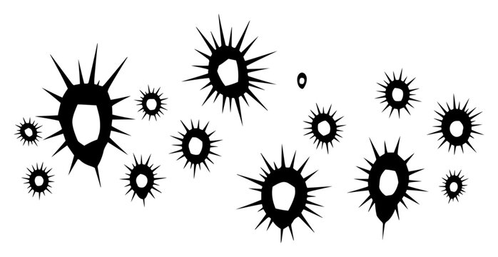 Set of spiky abstract shapes resembling sea urchins thorns or biological microorganisms