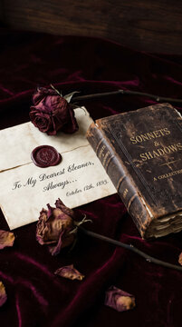 Wilted Rose Beside Sealed Letter and Old Book Symbolizing Love and Loss