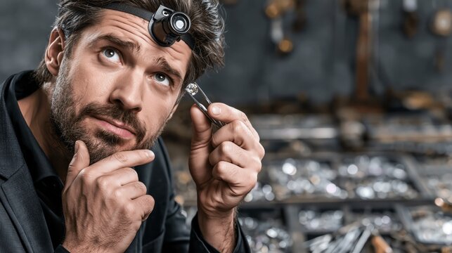 Jeweler holding faceted gemstone in tweezers at eye level with a hmm pondering expression, blurred jewelry workshop as copy space.
