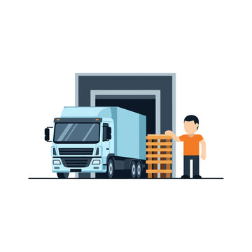 Vector illustration of a logistics warehouse loading dock area with semi-trucks docking, cargo containers, and industrial exterior during shipping and receiving operations.