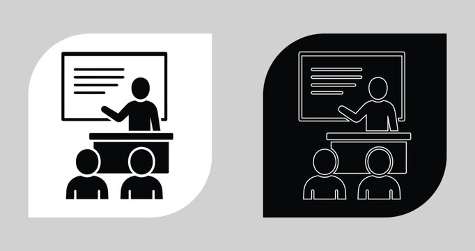 Educational training session icon with teacher presenting at a whiteboard education training whiteboard classroom students learning presentation