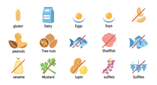 Common food allergens and dietary restrictions icons collection.