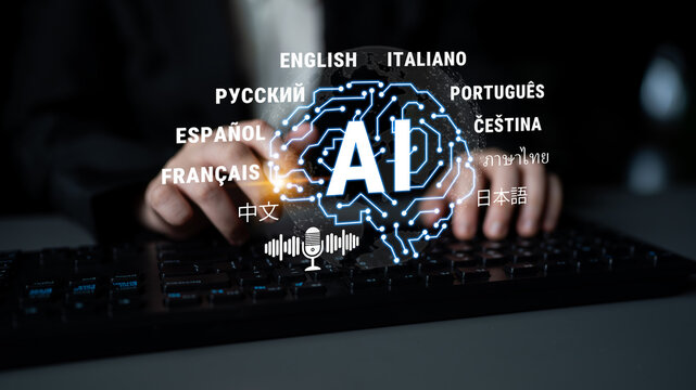 Hands typing on a keyboard with a digital brain and language icons representing artificial intelligence in different languages and speech recognition technology. Glyphic.