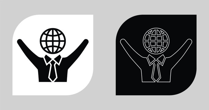 Global business success concept vector icon with businessman and globe head business international corporate management strategy professional connection