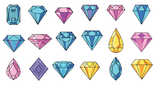Colorful geometric origami paper crane shapes arranged in rows.