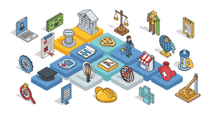 Collection of colorful travel and vacation themed icons. © MASJAB