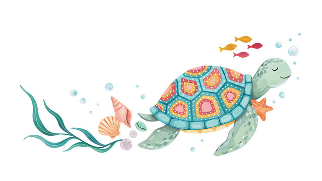 A cute sea turtle swimming with colorful seashells and fish isolated on a transparent background