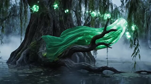 Mystical nature spirit rests peacefully on ancient tree branch in enchanted swamp