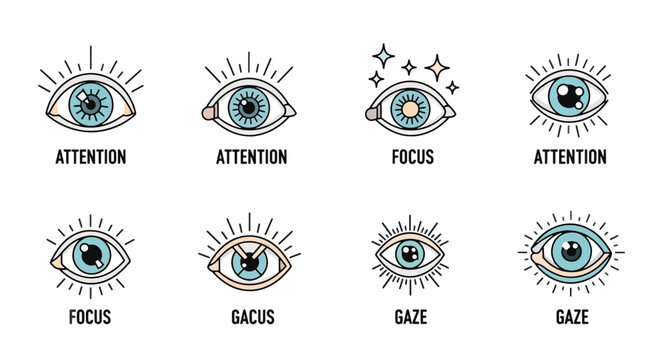 Eyes with different gaze directions and attention symbols.