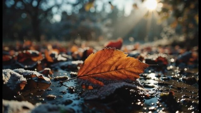 Autumn Leaf on Wet Ground with Morning Sunbeams and Reflections