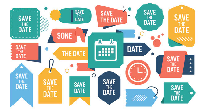 Colorful save the date stickers with date and heart design.