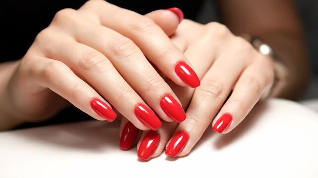 Women's red nail art close-up, red nail art close-up display