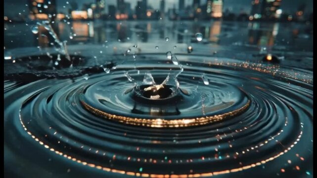 Futuristic concentric water ripples with city skyline reflection at night