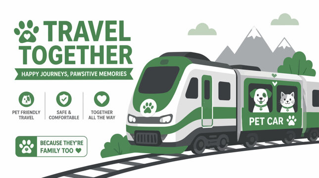 Pet friendly train travel illustration with dog and cat.