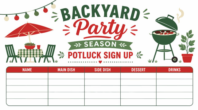 Backyard party potluck sign up sheet with barbecue graphics