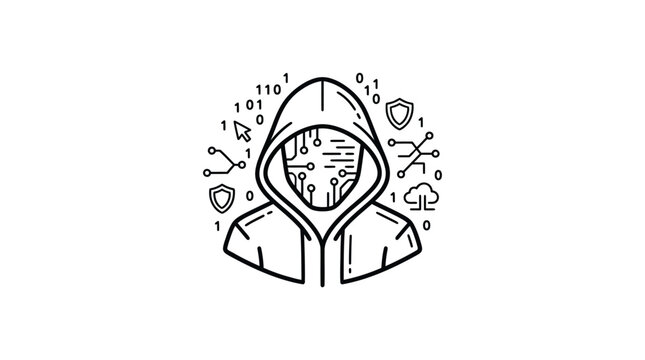 Hooded figure with coding symbols around.