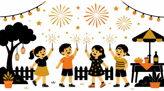 Children celebrating outdoors with sparklers at night party.