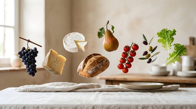 Fresh fruit bread and vegetables floating above a wooden kitchen table