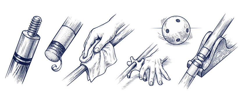 Billiards pool cue maintenance illustration showing cue tip repair, shaft cleaning, bridge shot, and spinning ball in vintage engraving sketch style for game room, sport club, and hobby guide.