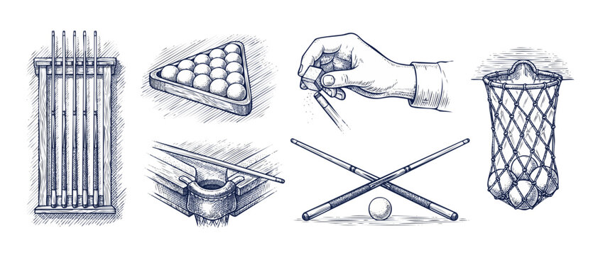 Billiards pool equipment sketch set featuring vintage engraving of cue sticks, balls rack, hand chalking tip, table pocket, and crossed cues for retro pub game design or club tournament decoration art