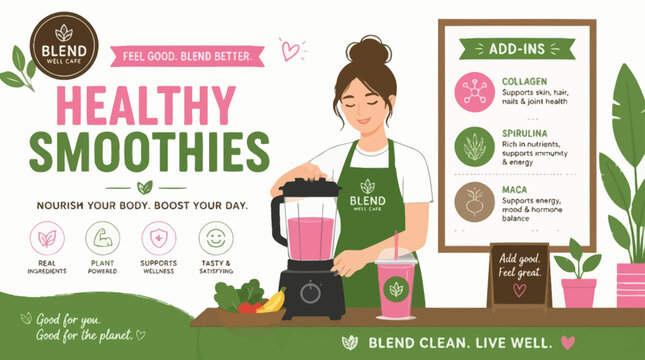 Healthy smoothie preparation guide with blender and ingredients.