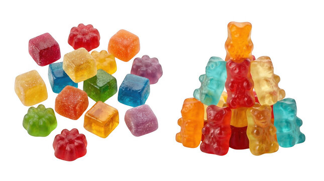 Medical cannabis CBD-infused rainbow gummy candy edibles transparent png background. Cannabis gummy cbd edibles png