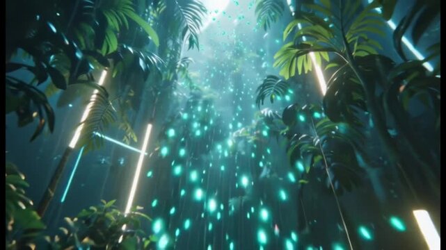 Futuristic Jungle with Neon Lights and Glowing Particles