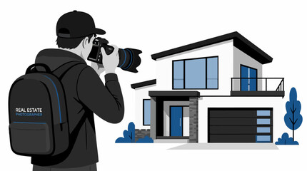 Professional photographer shooting modern residential house exterior. © INFAYUFA