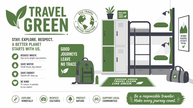 Sustainable eco-friendly travel infographic with hostel bunk beds.