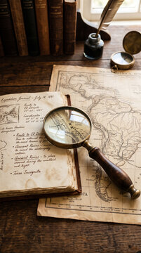 Magnifying Glass Over Map and Notebook Symbolizing Discovery and Truth