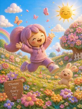 Cute pastel 3D clay girl jumping with bunny in blooming flower meadow under smiling sun positive happiness concept and copy space