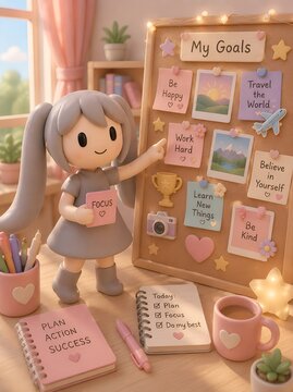 Cute pastel 3D clay girl creating vision board with goals and dreams in cozy study room motivation concept and copy space