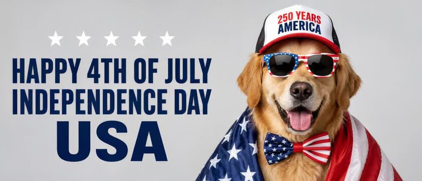 Golden retriever dog wearing cap sunglasses bowtie american flag wrapped greeting card header fourth july independence day usa 250 years america celebration background website banner graphic poster