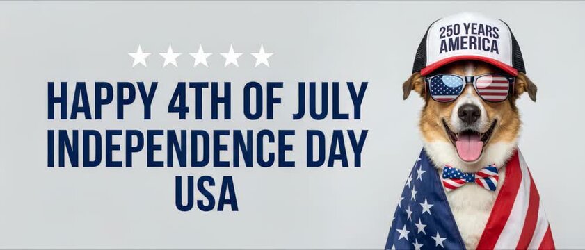 Dog wearing stars stripes sunglasses, flag draped over shoulders, trucker cap with anniv text, bow tie with flag pattern, tongue out, 4th july celebration, independence day greeting usa