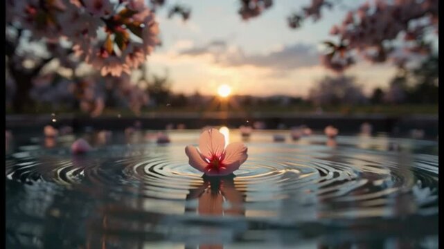 Sakura Blossom Floating on Water Surface at Sunset, Spring Serenity