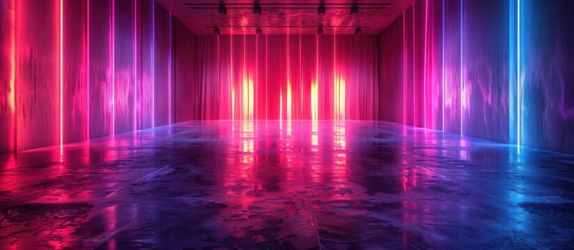 Neon lights illuminate a dark, concrete room.