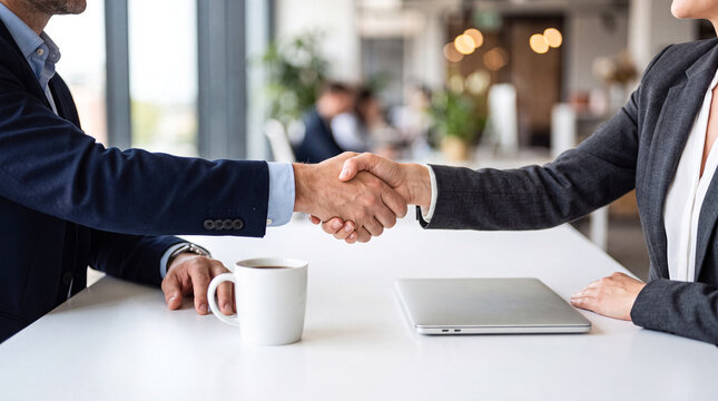 Business people shaking hands sealing a deal in office meeting