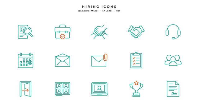 Startup hiring and recruitment vector icon sheet - Perfect for human resources landing pages, talent acquisition campaigns, or resume tips.