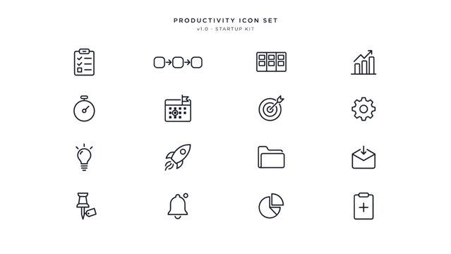 Startup productivity and workflow vector icon sheet - Suitable for task management applications, daily checklist blogs, or team efficiency.