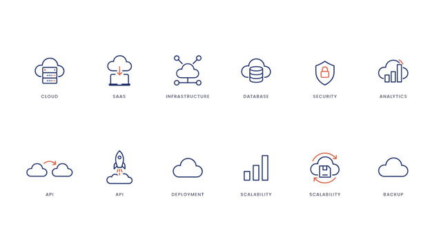 Cloud data storage and system outline icons &ndash; Great for hosting service presentations, server management apps, or database guides.