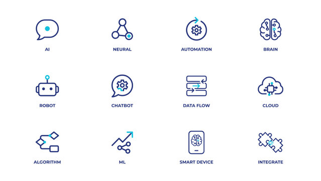 Neural network and smart automation outline icons &ndash; Ideal for deep learning system manuals, computer science reports, or bot graphics.