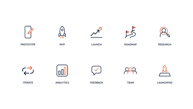 Startup product development vector icon sheet &ndash; Perfect for minimum viable product tutorials, system design plans, or prototype blogs.