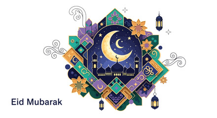 Colorful Eid Mubarak greeting card with lantern and crescent. © MASJAB