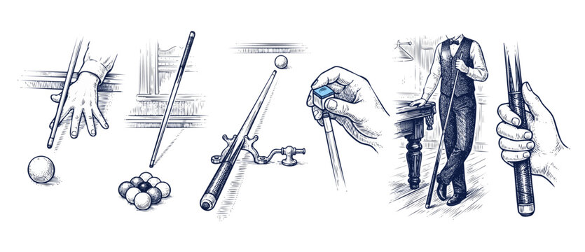 Billiards pool cue stick illustration showing hands playing snooker, chalking cue tip, and positioning shots on table in a vintage retro engraving sketch style on an isolated white background graphic.